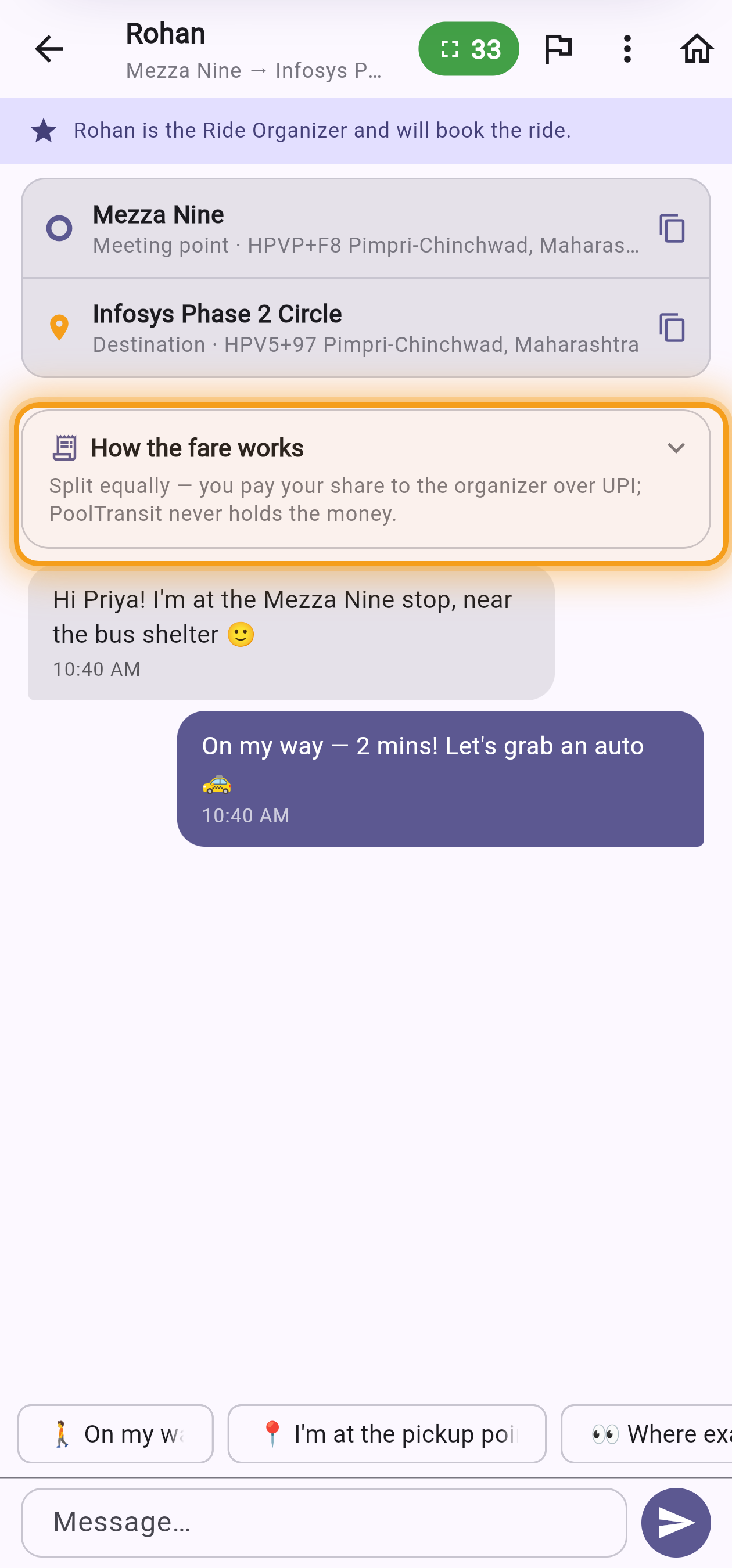 The ride chat with meeting point and fare split