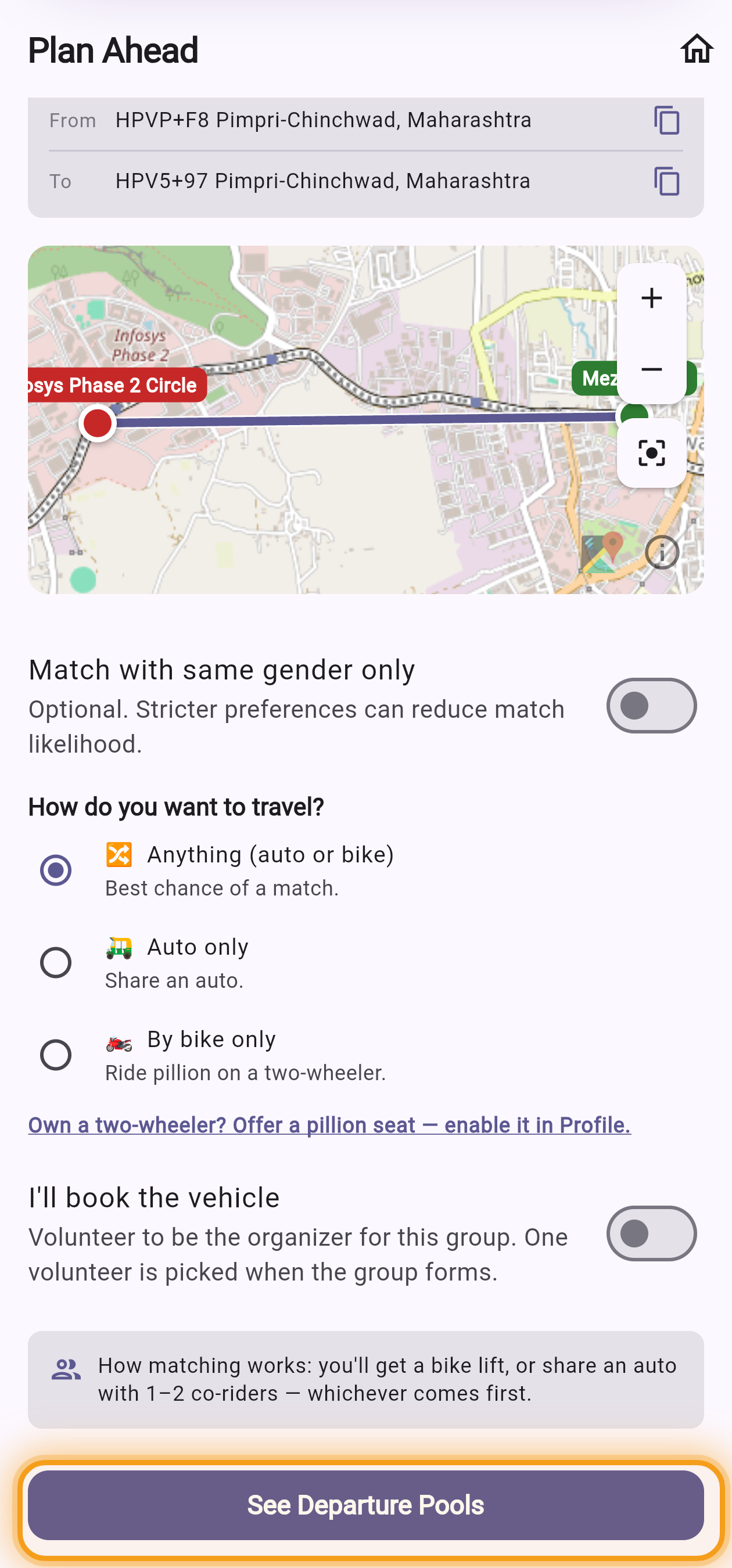 How do you want to travel? Anything, Auto only, or By bike only, then See Departure Pools